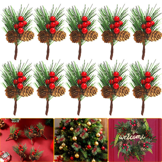 10 Pcs Artificial Christmas Pine Picks (Berries & Pinecones)