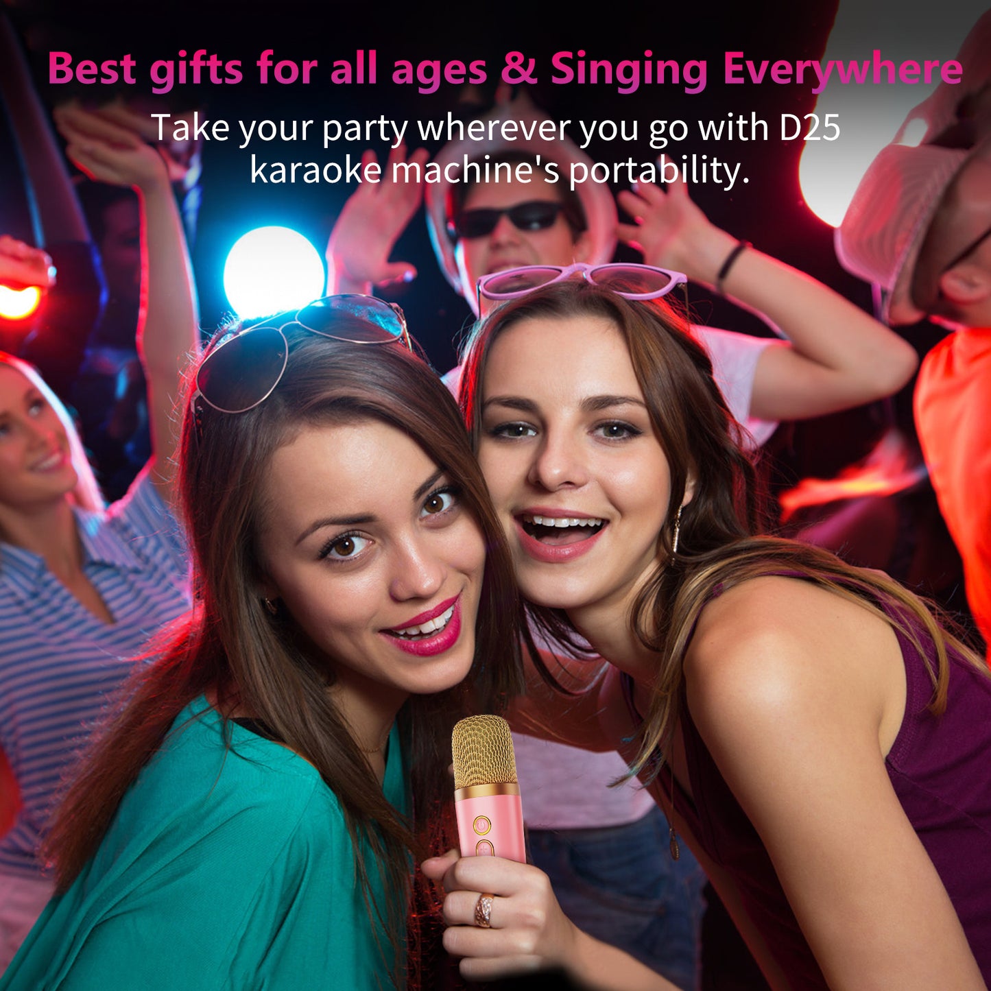 D25 Mini Karaoke Machine With Dazzling Lights And Wireless Microphones
