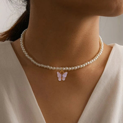 Elegant White Pearl Choker Necklace Round Pearl Wedding Butterfly Necklace