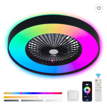 23 Inch Black Ceiling Fan Light With LED RGB Dimmable & Color Changing