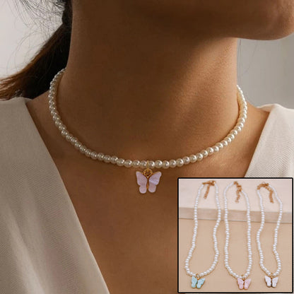 Elegant White Pearl Choker Necklace Round Pearl Wedding Butterfly Necklace