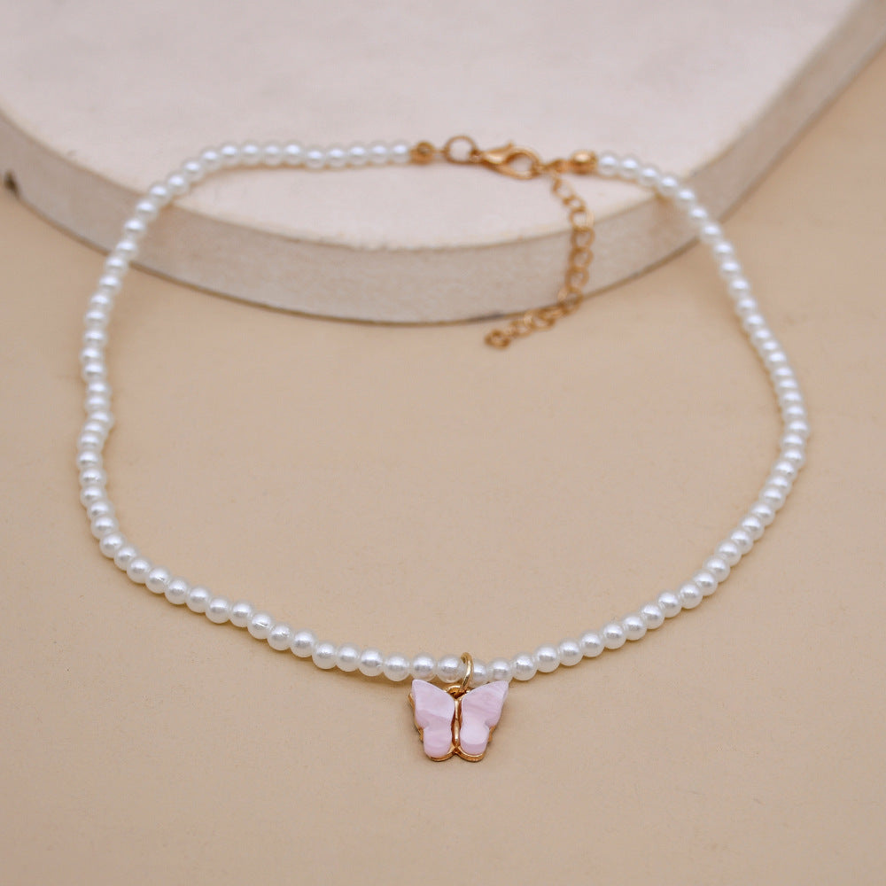 Elegant White Pearl Choker Necklace Round Pearl Wedding Butterfly Necklace
