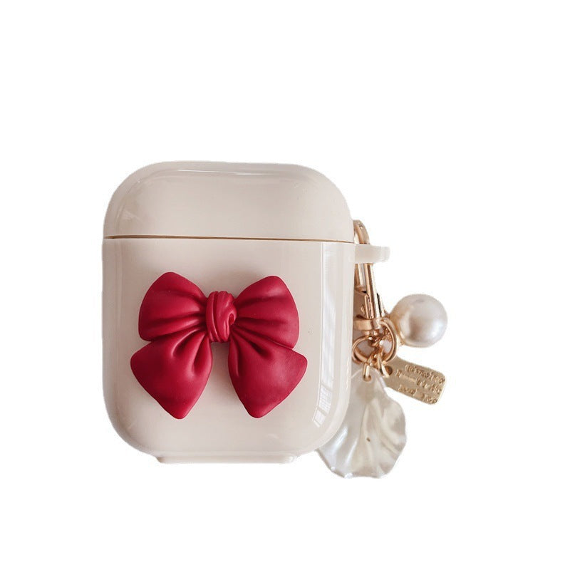 Beige Red Bow Shell Pendant Wireless Earphone Case