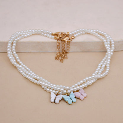 Elegant White Pearl Choker Necklace Round Pearl Wedding Butterfly Necklace