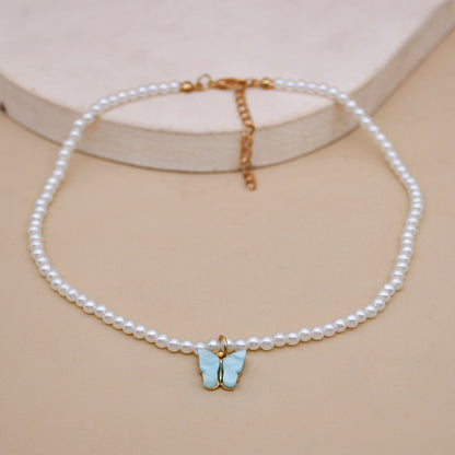Elegant White Pearl Choker Necklace Round Pearl Wedding Butterfly Necklace